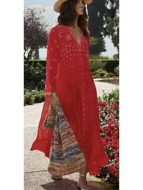 Johnny Was $448 Embroidered Beesley Maxi Red Dress Medium New